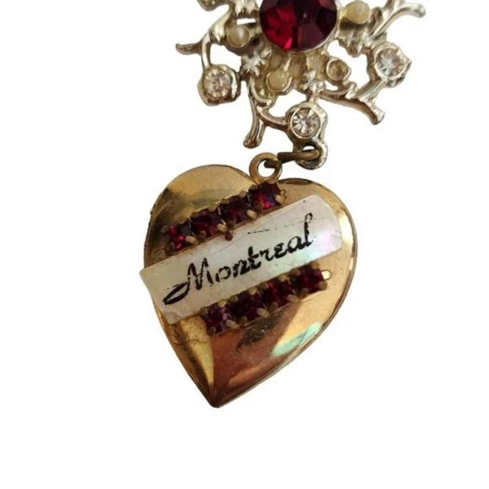 Vintage Montreal‎ Canada Jewelry Brooch Heart Locket Pin Brooch Red Clear Dangle